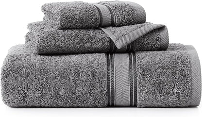 LANE LINEN Bathroom Towel Set 3 Piece Soft Absorbent Quick Dry - Cool Grey | Pack Of Towels - Coordinated Colors, Dobby Border Accent, OEKO-TEX Certified, Zero-Twist Durability, Zero-Twist Cotton