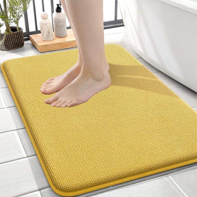 OLANLY Memory Foam Small Bathroom Rugs 24x16, Absorbent Bath Mat, Yellow | Soft Quick Dry Bath Rugs, Non-Slip Carpet, Machine Washable Mat for Bathroom Floor, Tub and Shower, Home Decor Accessories
