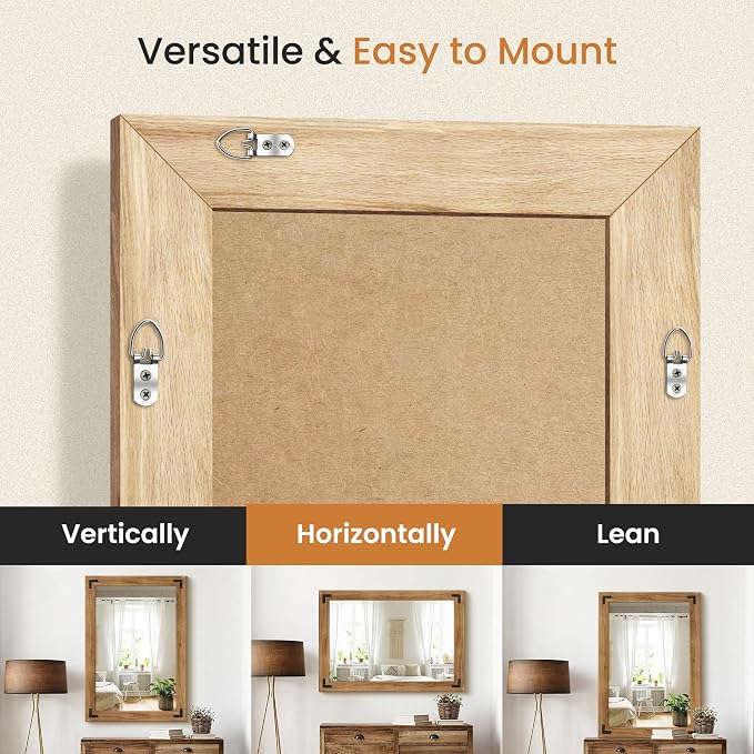 Wood Framed Bathroom Vanity Mirror for Wall, 26"x38" Farmhouse Mirror | Solid Wood Frame, HD Shatterproof Glass, Vertical/Horizontal Hanging, Ideal for Bathroom, Living Room, Bedroom
