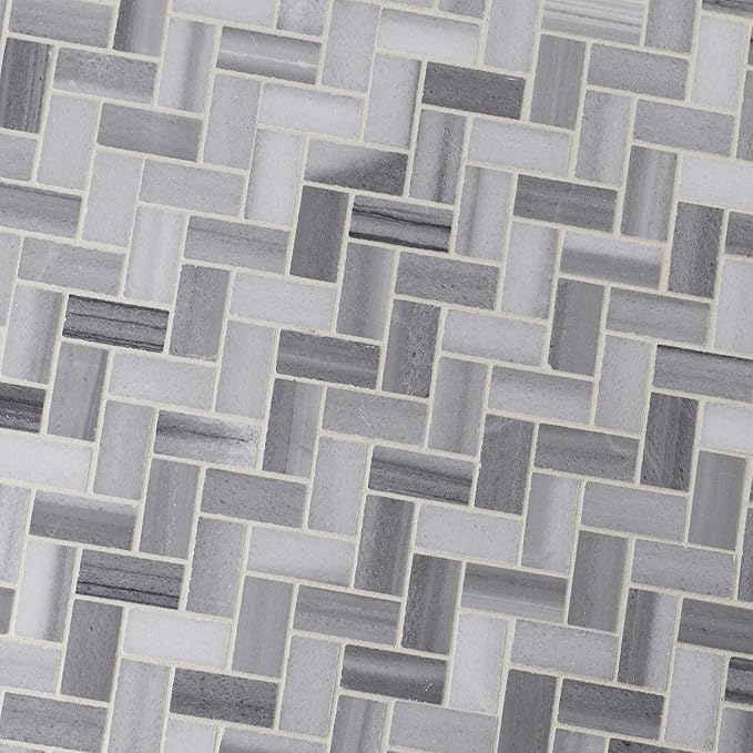 MSI Bergamo 12 in. x 12 in. Herringbone Polished Marble Mosaic Tile, Mesh-Mounted, for Kitchen Backsplash, Bathroom, Floor, Accent Wall, and Shower Wall, Gray