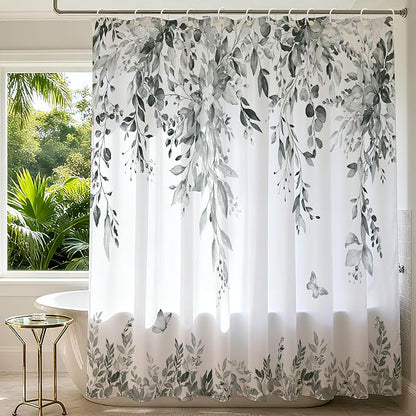 120GSM Grey Eucalyptus Shower Curtain, Waterproof Plant Leaves with Floral Bathroom Shower Curtain Set, Gray White, 72x72