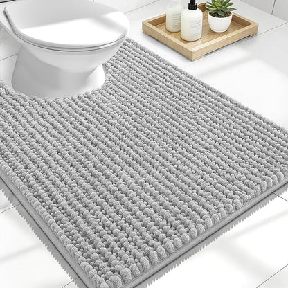 OLANLY Thick Chenille Toilet Rugs U-Shaped 24x20, Light Grey | Soft Absorbent Shaggy Contour Bathroom Rugs for Toilet, Dry Quickly, Machine Washable, Non-Slip Bath Mat