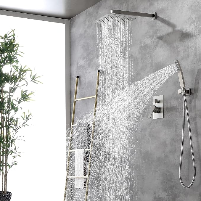 SHAMANDA Rainfall Shower System, Bathroom Luxury 10-Inch Rain Shower Head and Handheld Shower Faucet Combo Set Brushed Nickel(Including Rough-In Valve Body and Trim), Wall Mount, L701-2
