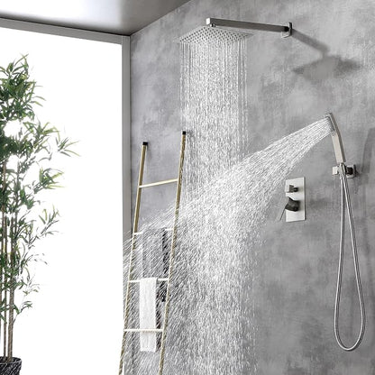 SHAMANDA Rainfall Shower System, Bathroom Luxury 10-Inch Rain Shower Head and Handheld Shower Faucet Combo Set Brushed Nickel(Including Rough-In Valve Body and Trim), Wall Mount, L701-2