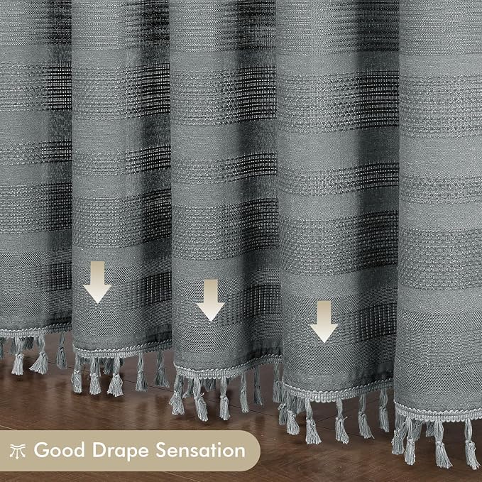 Extra Long Light Grey Shower Curtain 96 Inch Long, Boho Linen Textured Soft Fabric Heavy Duty Cloth Bathroom Shower Curtain with Tassel, Tall Farmhouse Luxury Bath Decor, 72Wx96L Inches