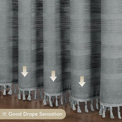 Light Grey Shower Curtain 78 Inch Long, Boho Thick Linen Textured Shower Curtain with Tassel, Farmhouse Minimalist Striped Weighted Machine Washable Bathroom Decor, 72Wx78L Inches