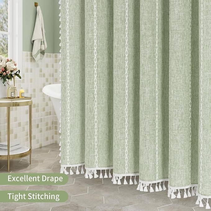 Boho Farmhouse Tassel Linen Shower Curtain,3D Embroidery Stripe Sage,72x96 | Extra Long Xl,310GSM Striped Texture Heavy Duty Cloth,Water Repellent,Wrinkle Resistant,Vintage Rustic Country design