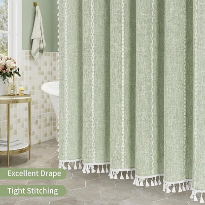 Boho Farmhouse Tassel Linen Shower Curtain,3D Embroidery Stripe Sage,72x96 | Extra Long Xl,310GSM Striped Texture Heavy Duty Cloth,Water Repellent,Wrinkle Resistant,Vintage Rustic Country design