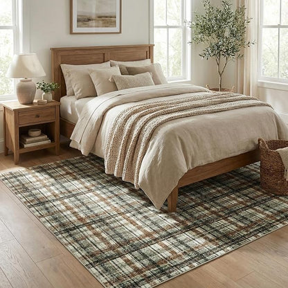 Living Area Rug 6 x 9 Washable Modern Farmhouse Non Slip Throw Rugs Large Bedroom Rug Low Pile Soft Stain Resistant Carpet for Dining Room Nursery Office 6'x9' Celadon&Coffee