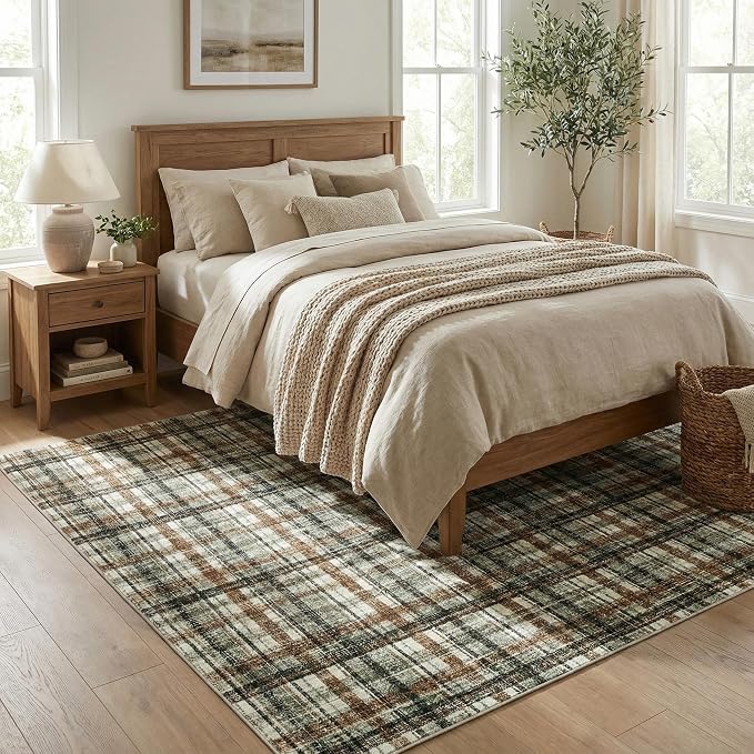 Washable Area Rugs 4x6 Rug for Living Room Modern Non Slip Throw Rugs Soft Bedroom Rug Non Shedding Low Pile Stain Resistant Carpet for Dining Room Nursery Classroom 4'x6' Celadon&Coffee