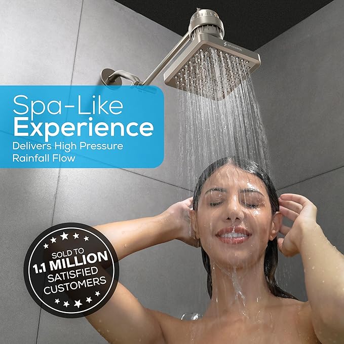 SparkPod Rain Shower Head, 8 Inch Square, Elegant Brushed Nickel Finish | High Pressure Shower Heads, 90 Nozzles, Adjustable Showerhead, No Tools Needed, Universal Connection