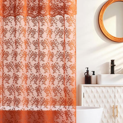 TUDECO Long Orange Shower Curtain with Attached Valance, 72W x 84L Inch | Autumn Bathroom Decor, Terracotta Floral Lace, Boho Farmhouse Charm, Brightens Space, Scalloped Edges, Reinforced Holes