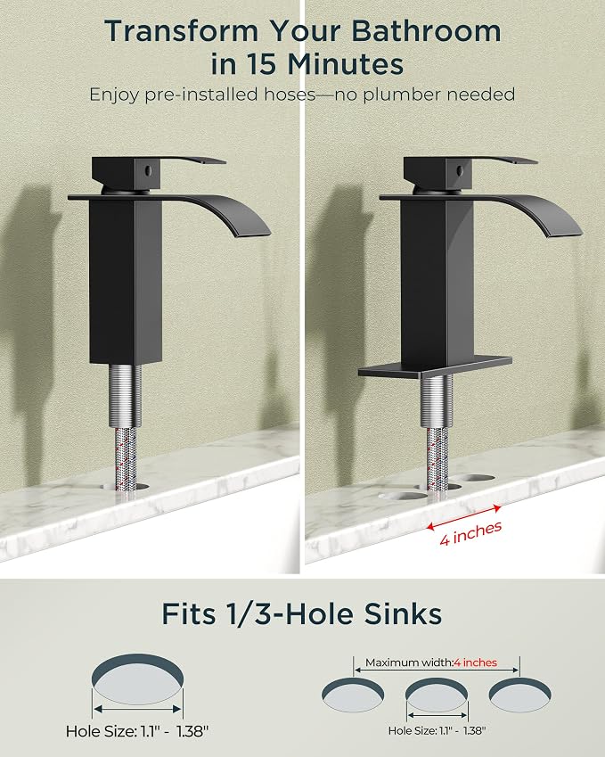 FORIOUS Bathroom Faucet 1 Hole, Waterfall Vanity Sink Faucet Matte Black | Bathroom Sink Faucet 1 or 3 Hole, Square Single Handle with 24" cUPC Supply Line and Pop-up Drain, Fits RV Restroom Basin