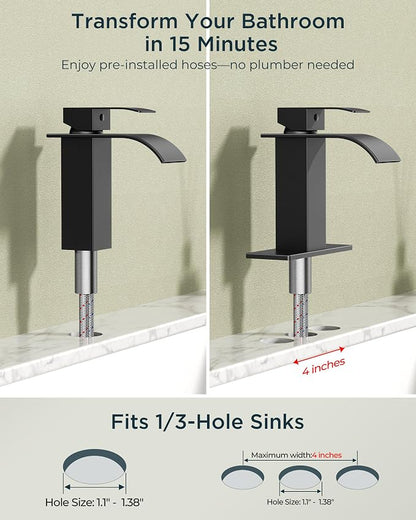 FORIOUS Bathroom Faucet 1 Hole, Waterfall Vanity Sink Faucet Matte Black | Bathroom Sink Faucet 1 or 3 Hole, Square Single Handle with 24" cUPC Supply Line and Pop-up Drain, Fits RV Restroom Basin