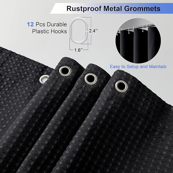 OVZME Long Fabric Shower Curtain Set, Waffle Textured Shower Curtain for Bathroom - Weight 230GSM Heavy Duty Hotel Spa Luxury Bath Curtain Set with 12 Plastic Hooks, 72x78, Black
