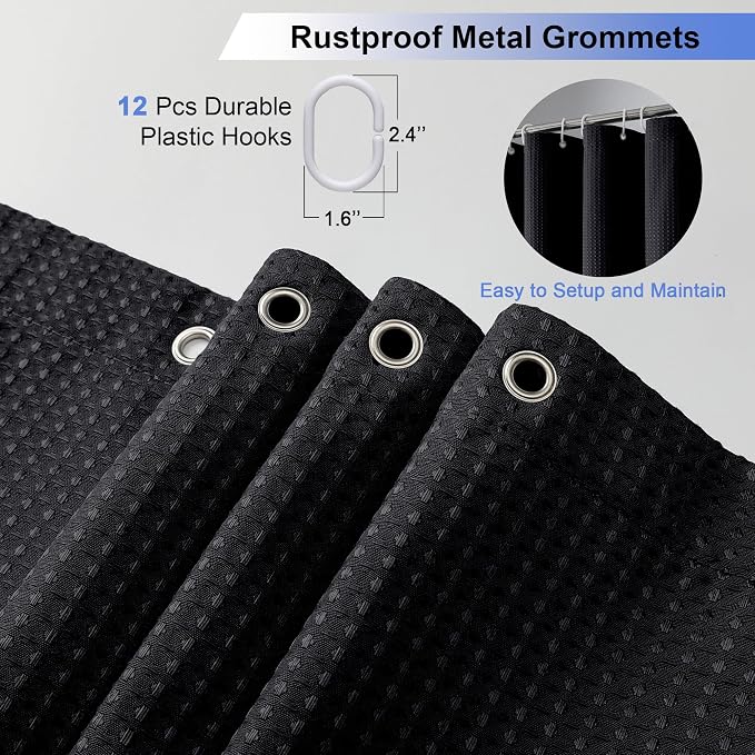Stall Fabric Shower Curtain Set - 36x72, Waffle Weave 230GSM Heavy Duty Small Stall Shower Curtains for Narrow Stall Size, Machine Washable Bath Curtain with 12 Plastic Hooks, 36x72 Inch, Black