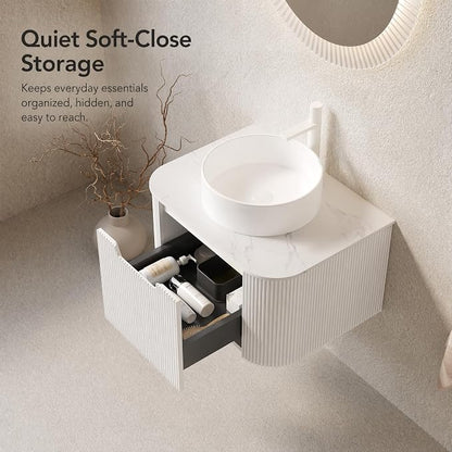 24 Inch Bathroom Vanity with Sink, Floating Wall Mounted Single Sink Vanity for Small Baths, White Curved Fluted Front, Stone Top, Pure White Round Vessel Basin, Pre-Assembled