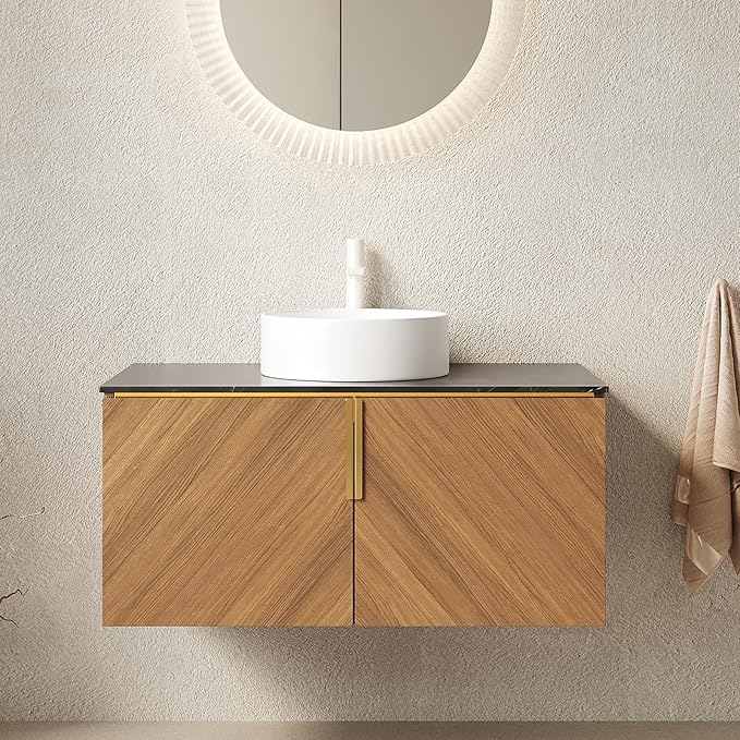 36 Inch Bathroom Vanity with Sink Combo, Floating Vanity Bathroom with Vessel Sink, Modern Bathroom Vanity Cabinet with Doors, Sintered Stone Countertop and Ceramic Sink,Brown Oak