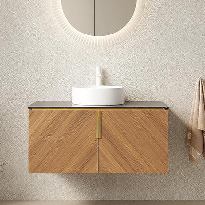 36 Inch Bathroom Vanity with Sink Combo, Floating Vanity Bathroom with Vessel Sink, Modern Bathroom Vanity Cabinet with Doors, Sintered Stone Countertop and Ceramic Sink,Brown Oak