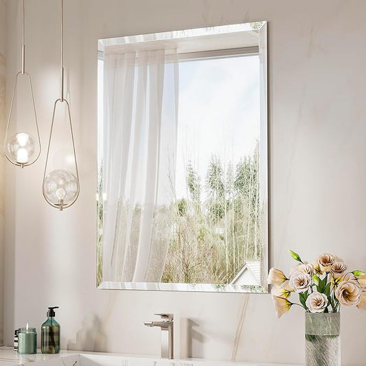 Keonjinn 24 x 36 Inch Frameless Bathroom Mirror, Beveled Mirrors for Bathroom Sink, Rectangle Wall Mirror Shatterproof, Modern Decorative for Living Room, Entryway, Bedroom, Horizontal/Vertical