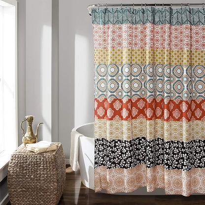 Lush Decor Bohemian Stripe Shower Curtain 72" W x 84" L Turquoise & Orange - Bathroom Curtain - Extra Long Shower Curtain - Boho Decor - Striped Shower Curtains