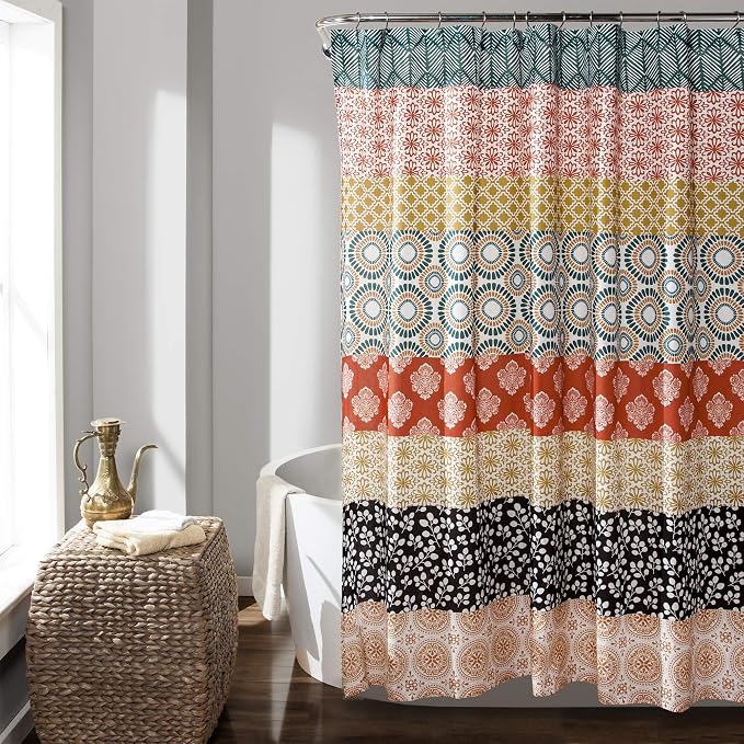 Lush Decor Bohemian Stripe Shower Curtain 72" W x 78" L Turquoise & Orange - Bathroom Curtain - Extra Long Shower Curtain - Boho Decor - Fabric Shower Curtains