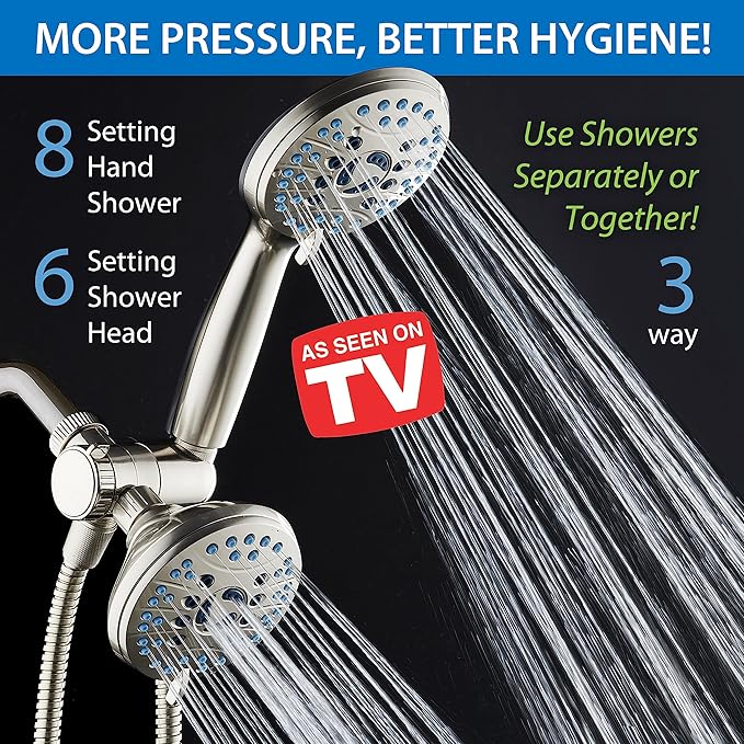 AquaCare 48-mode High Pressure 3-way Shower Head Combo w/ 2-mode Power Wash | Pure Clean Jets, Dual Handheld Power Wash for Tub, Tile & Pets, Long 6 ft. Stainless Steel Hose, Extra Wall Bracket / Nickel