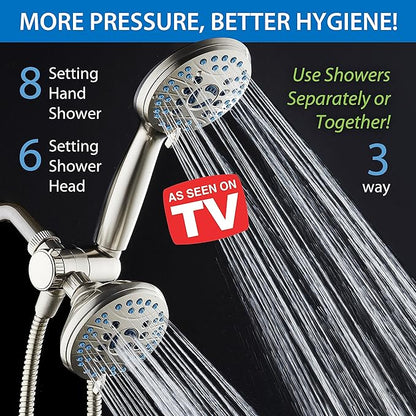 AquaCare 48-mode High Pressure 3-way Shower Head Combo w/ 2-mode Power Wash | Pure Clean Jets, Dual Handheld Power Wash for Tub, Tile & Pets, Long 6 ft. Stainless Steel Hose, Extra Wall Bracket / Nickel