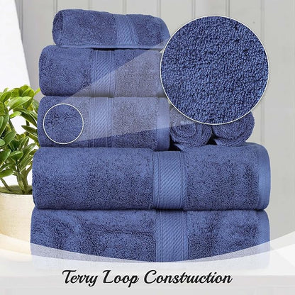 Superior Egyptian Cotton 800 GSM Plush & Absorbent, 9 Piece Set, Navy Blue | Quick Dry, Soft Luxury Towel Set, Bath Essentials, Guest Bath, Spa, 3 Bath, 3 Hand, 3 Face Towel, Madeline Towels