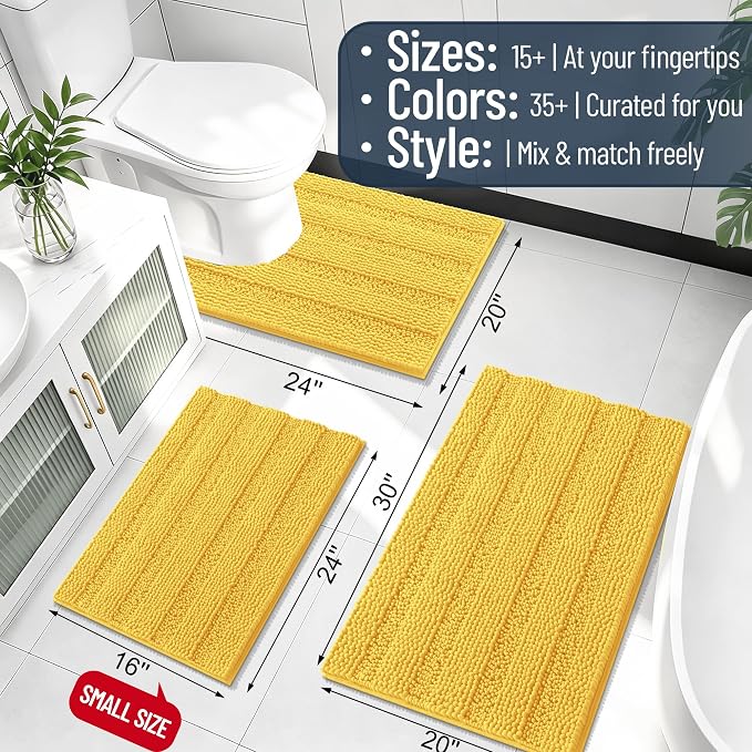 Smiry Thick Chenille Bathroom Runner Rugs 70x24, Absorbent Bath Mat, Yellow | Quick‑Dry & Machine Washable, Non‑Slip Bath Carpet, Soft Striped Bath Rugs for Tub & Shower, Modern Home Decor Accessories