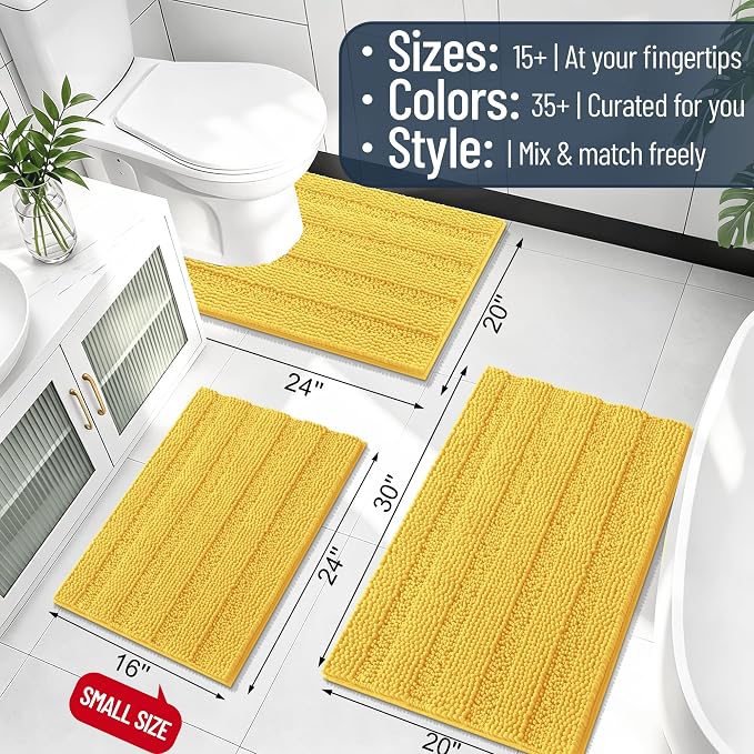 Smiry Thick Chenille Bathroom Runner Rugs 59x20, Absorbent Bath Mat, Yellow | Quick‑Dry & Machine Washable, Non‑Slip Bath Carpet, Soft Striped Bath Rugs for Tub & Shower, Modern Home Decor Accessories