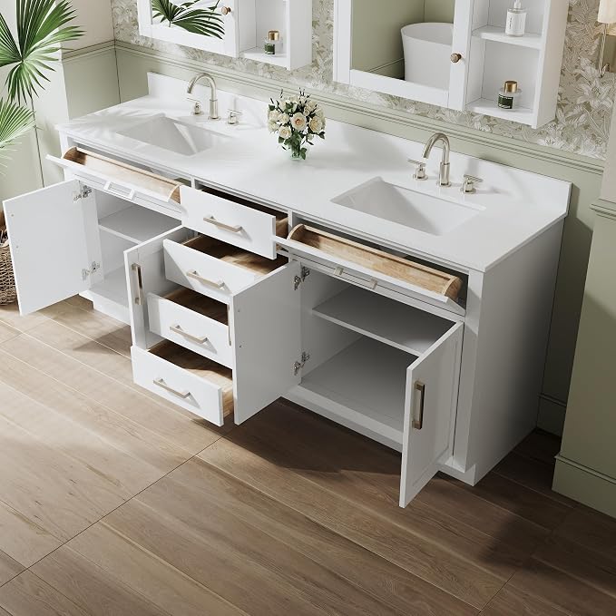 80-Inch Bathroom Vanity with Double Sinks W/ 4 Doors & 4 Drawers & 2 Flip Drawers, White Vanity W/Brushed Nickel Handles