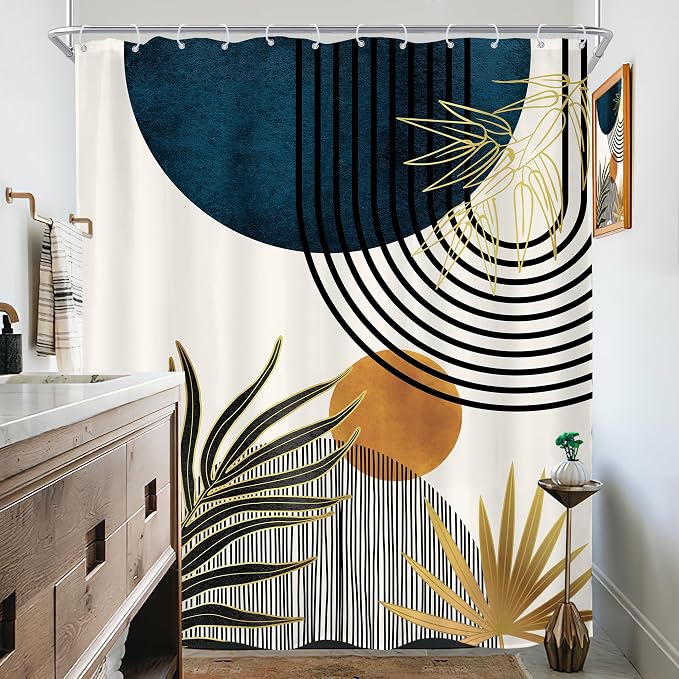 KOMLLEX Mid Century Blue Boho Abstract Modern Bathroom Shower Curtain Set | 72Wx84L Plant Botanical design, waterproof HD print with fast-drying fabric and 12 hooks.