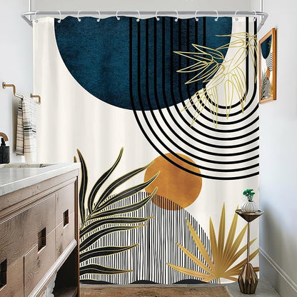 KOMLLEX Mid Century Blue Boho Abstract Modern Bathroom Shower Curtain Set | 72Wx84L Plant Botanical design, waterproof HD print with fast-drying fabric and 12 hooks.