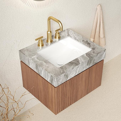 KEIKI 24 Inch Floating Bathroom Vanity with Sink, Brown Oak & Grey | Modern Wall Mounted Storage Cabinet with 2 Doors, Pre-assembled Wood Panels, Sintered Stone Top & Ceramic Basin Combo Set