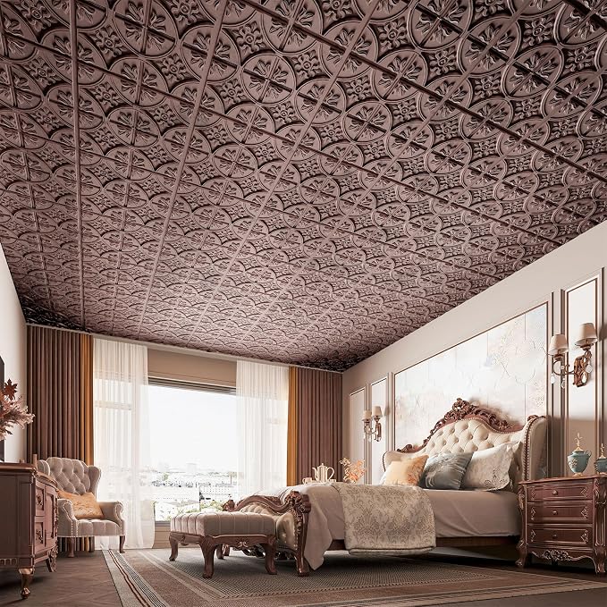 Art3d Drop Ceiling Tiles 2x2, Glue-up Ceiling Panel, Fancy Classic Style, Antique Copper | PVC, Lightweight, Waterproof, Easy to Wipe Clean, Compatible with Grid System, Suitable for Kitchen, Bathroom, Basement