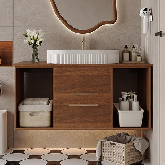 39.4 inch Modern Floating Bathroom Vanity with Sink, Wall Mounted Bathroom Cabinet with Oval Fluted Ceramic Sink, Wood Grain Counter Top, 2 Soft Closing Drawers & Open Storage Shelf, Walnut