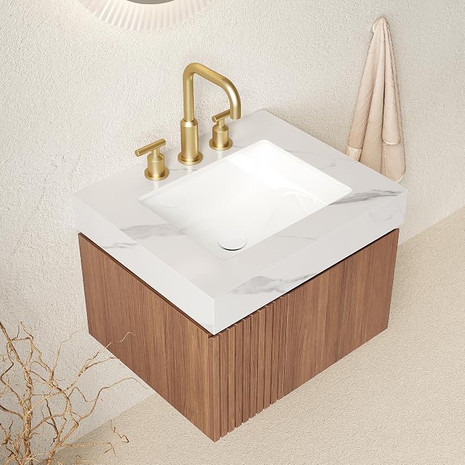 KEIKI 24 Inch Floating Bathroom Vanity with Sink, Brown Oak & White | Modern Wall Mounted Storage Cabinet with 2 Doors, Pre-assembled Wood Panels, Sintered Stone Top & Ceramic Basin Combo Set
