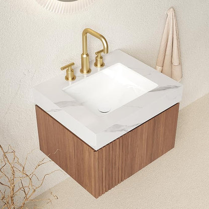 KEIKI 24 Inch Floating Bathroom Vanity with Sink, Brown Oak & White | Modern Wall Mounted Storage Cabinet with 2 Doors, Pre-assembled Wood Panels, Sintered Stone Top & Ceramic Basin Combo Set