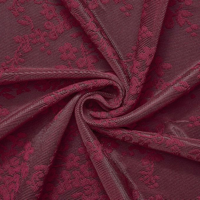 TUDECO Dark Red Lace Shower Curtain with Attached Valance, 72W x 84L Inch | Burgundy Bathroom Curtain, Maroon Floral, Semi-Sheer, Scalloped Edges, Gentle Privacy, Reinforced Holes, Machine Washable