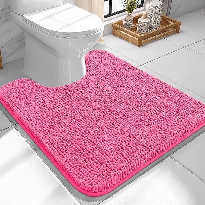 OLANLY Toilet Rugs U-Shaped 24x24, Soft Absorbent Chenille Contour Rugs | Hot Pink, Quick-Drying Rubber Backing, Machine Washable Non-Slip Shaggy Bathroom Mat for Toilet, Home Decor Accessories