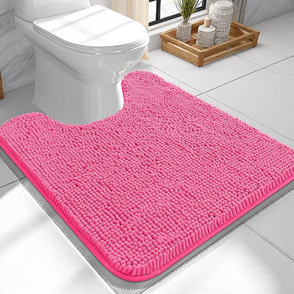 OLANLY Toilet Rugs U-Shaped 24x24, Soft Absorbent Chenille Contour Rugs | Hot Pink, Quick-Drying Rubber Backing, Machine Washable Non-Slip Shaggy Bathroom Mat for Toilet, Home Decor Accessories