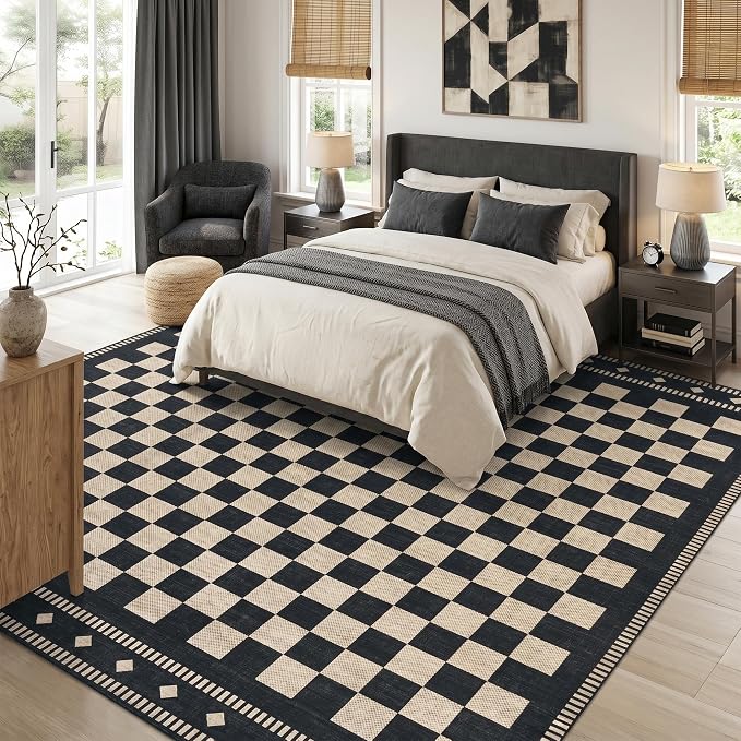 Garvee Washable 5x7 Living Room Rug Checkered Non Slip, Black | Large Area Rug for Bedroom Decor Farmhouse Vintage Black Rug Low Pile Stain Resistant Carpet for Office Dining Room 5'x7'
