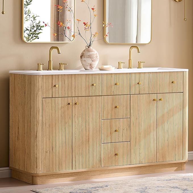 T4TREAM 60 Inch Bathroom Vanity with Sink, Modern Fluted Large Double Sink Bathroom Vanity with 2 Storage Cabinets, Adjustable Shelf, and 3 Small Drawers, Natural Oak