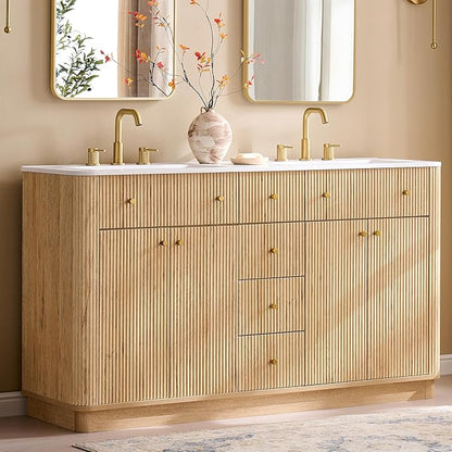 T4TREAM 60 Inch Bathroom Vanity with Sink, Modern Fluted Large Double Sink Bathroom Vanity with 2 Storage Cabinets, Adjustable Shelf, and 3 Small Drawers, Natural Oak