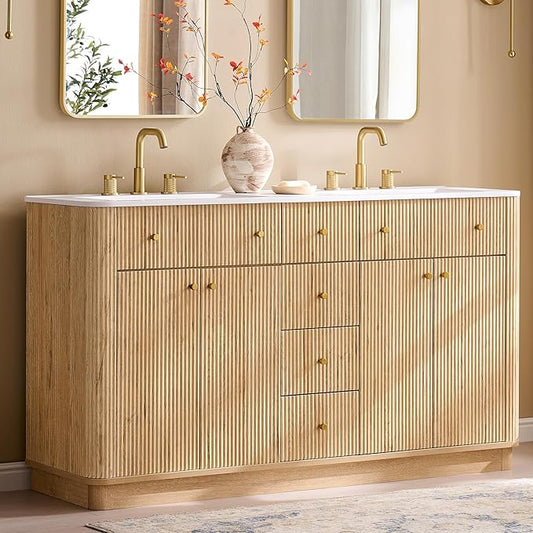 T4TREAM 60 Inch Bathroom Vanity with Sink, Modern Fluted Large Double Sink Bathroom Vanity with 2 Storage Cabinets, Adjustable Shelf, and 3 Small Drawers, Natural Oak