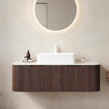 Yayzy 48" Floating Bathroom Vanity with Sink, Solid Wood Fluted Cabinet, White Fluted Square Ceramic Basin & Faux Marble Top, Soft-Close Drawer, Pre-Assembled, Walnut Woodgrain