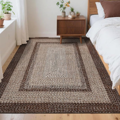 Printed Washable Area Rugs 4x6 Rug for Living Room Indoor Mats for Entryway Soft Bedroom Rug Non Slip Modern Braided Farmhouse Throw Rugs Low Pile Stain Resistant Carpet 4'x6' Dark Brown