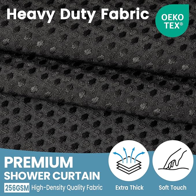 EUTXL Heavyweight No Hook Shower Curtain with Liner, Black, 54x74 | Snap in Liner, Thick Waffle Fabric, Hotel Quality, Corner Magnets, Waterproof & Washable