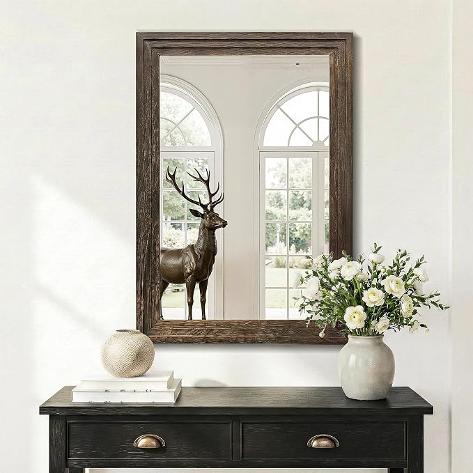 Farmhouse Rustic Wood Framed Bathroom Vanity Mirror for Wall, 24x36, Brown | Recessed Stepped Solid Wood Frame, HD Shatterproof Glass, Vertical/Horizontal Mount, for Bathroom Sink, Living Room, Entryway